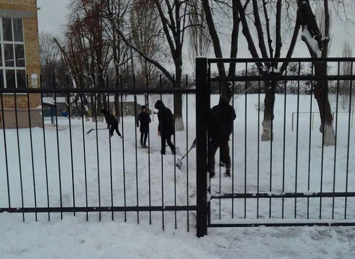 В Киеве расчищать снег заставили школьников